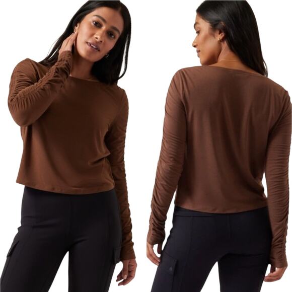 Athleta All Around Ruched Top Long Sleeves Boho Brown Size XL - Picture 1 of 9